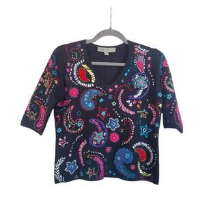 One Girl Who… Silk Embroidered Colorful Unique Ornate Fun Sweater, Size Medium